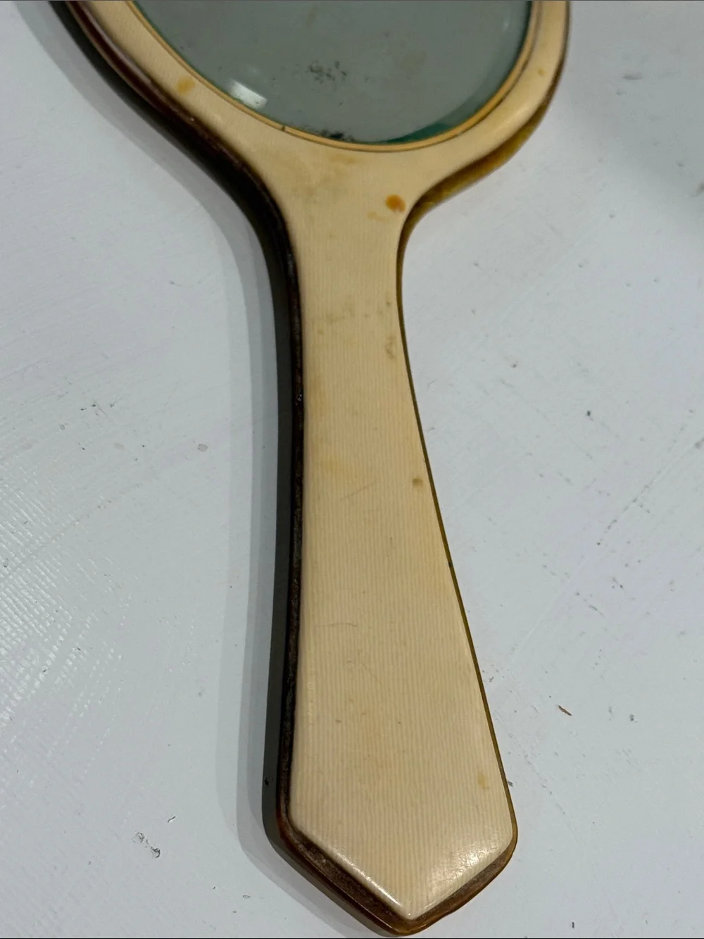 Vintage Antique Art Deco French Vanity Cream Hand Mirror with Black Accent 1920s